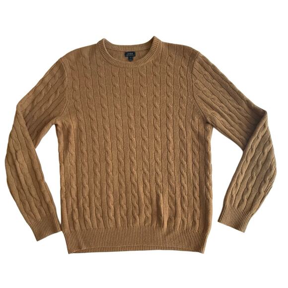 J.Crew Italian Cashmere Caramel Brown Cable Knit Crew Neck Sweater Preppy M Cozy - Picture 1 of 5